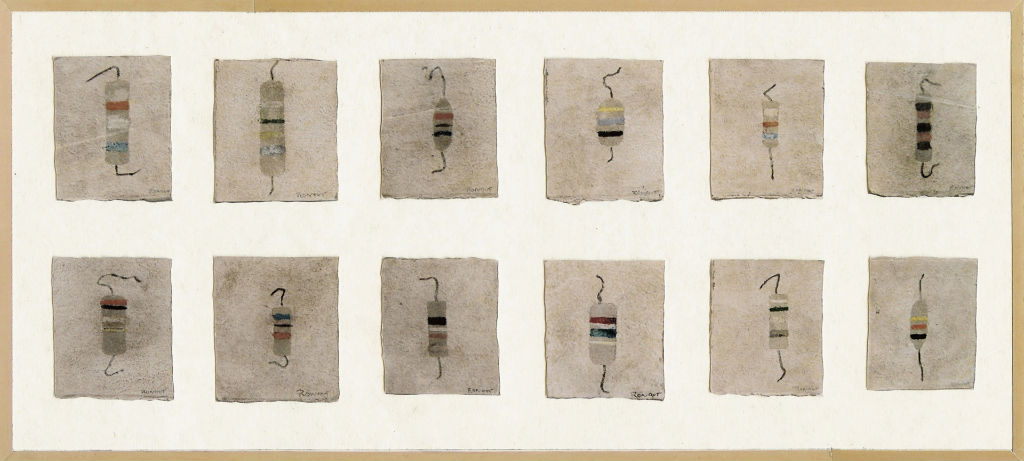 Benoit Rondot - CONDENSATEURS - Huile , acrylique sur papier arches - 12 pièces 6,5x8 cm encadrés - 1995