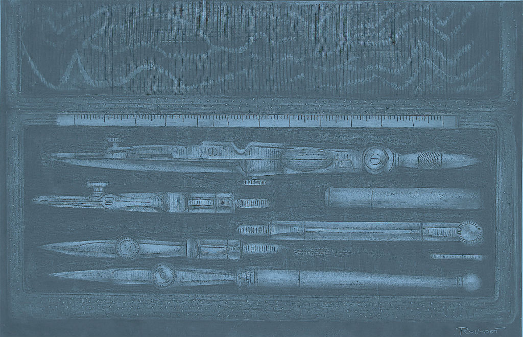 Benoit Rondot - BOITE DE COMPAS - Technique mixte sur papier marouflé sur toile - 56x86 cm - 2006