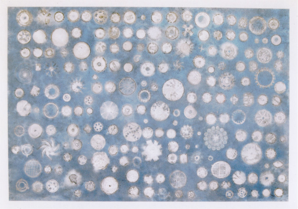 Benoit Rondot - PIECES MECANIQUES SUR FOND BLEU METALLISE - Empreintes , technique mixte sur papier marouflé sur toile - 113,5x162 cm - 2005