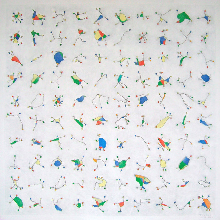 Benoit Rondot - SIGNES POLYCHROMES SUR FOND BLANC MARBRE - Technique mixte sur papier chinois marouflé sur toile - 120x120 cm - 2006