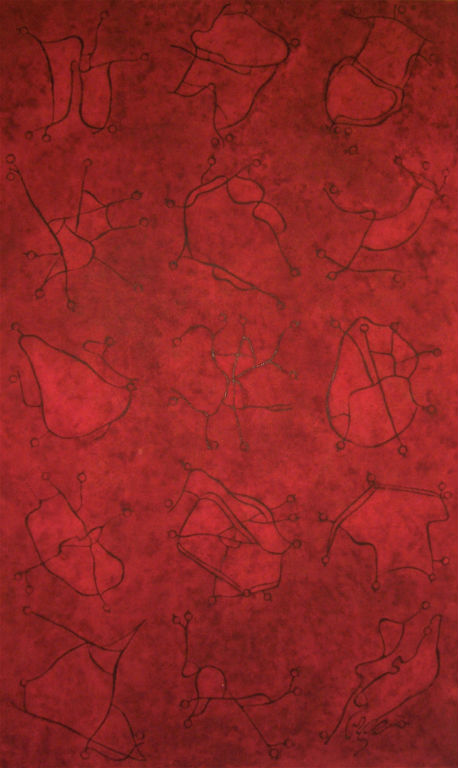 Benoit Rondot - MODULES SUR FOND ROUGE - Technique mixte sur papier chinois marouflé sur toile - 160x97 cm - 2004
