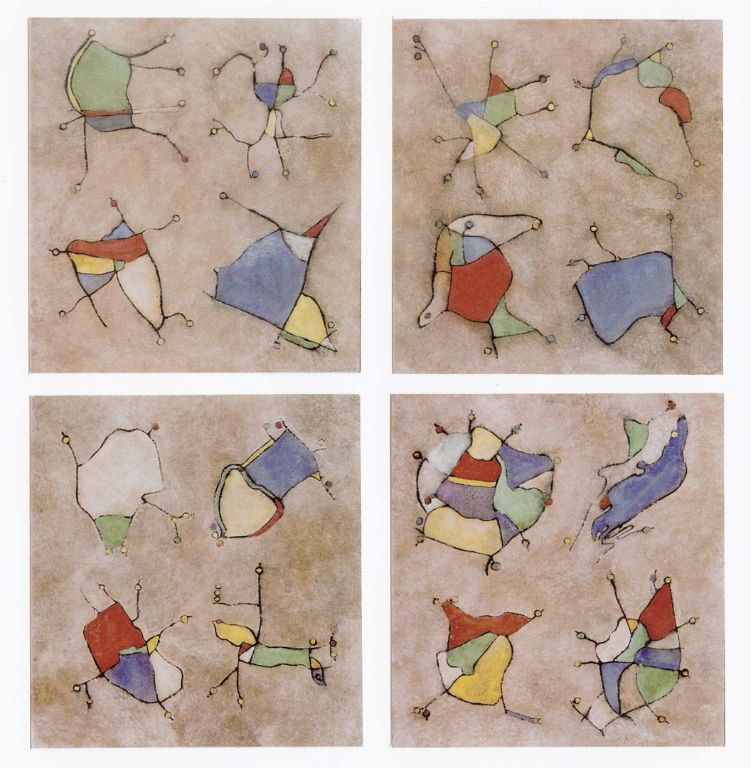 Benoit Rondot - MODULES POLYCHROMES SUR FOND BEIGE - Technique mixte sur papier chinois marouflé sur toile - 4 tableaux 60x50 cm - 2003